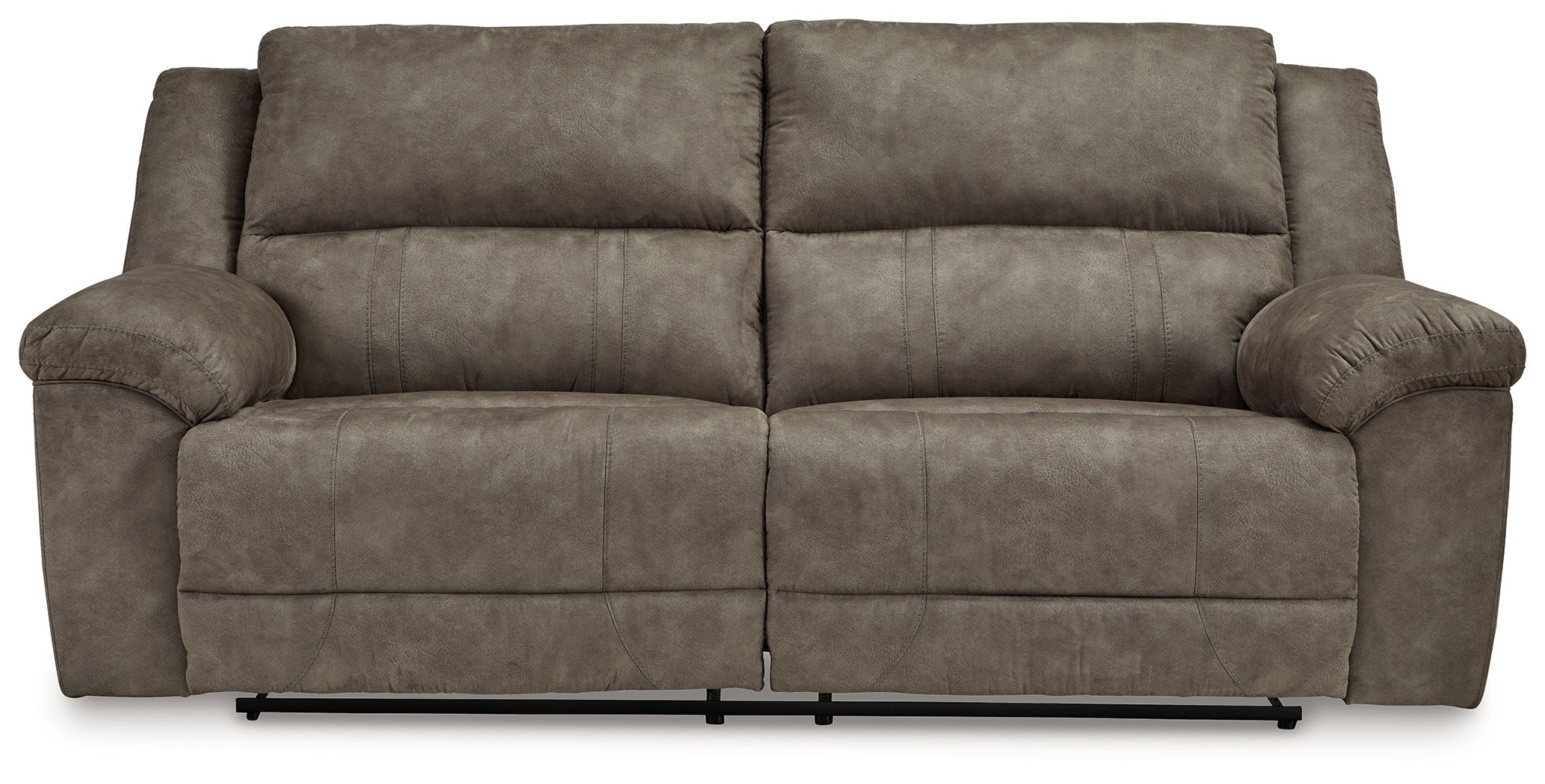 2-seat reclining sofa with two recliner seats, fossil gray fabric and plush armrests