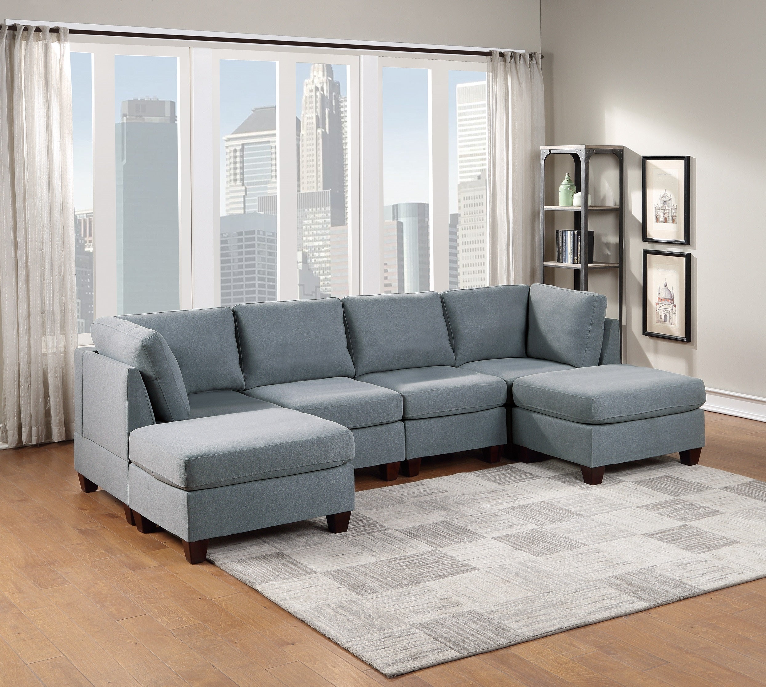 Modular U-Sectional 6pc Sofa Set Grey Linen Living Room