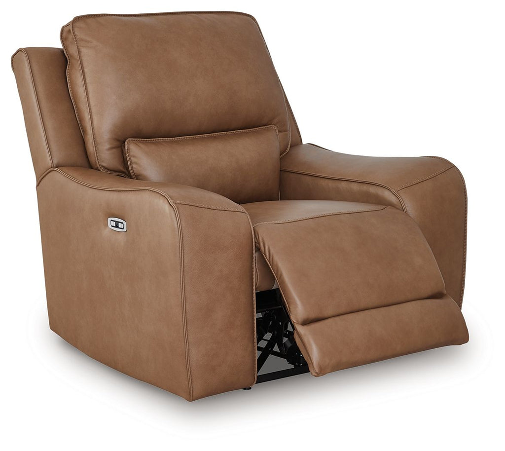 Caramel power recliner chair with lift recline and adjustable headrest, footrest extended