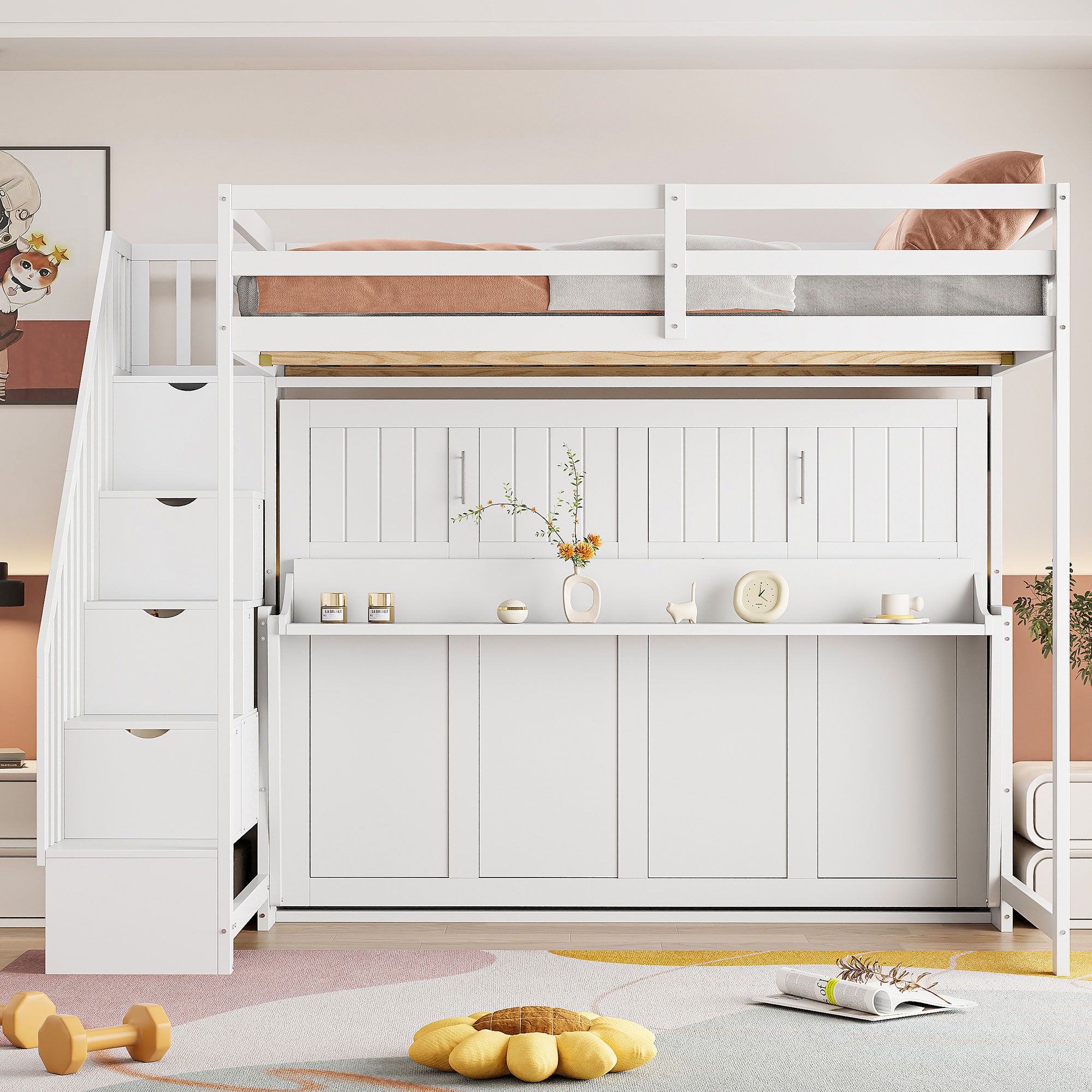 Full Over Full Murphy Bed: White, Hydraulic Lift & Desk Design