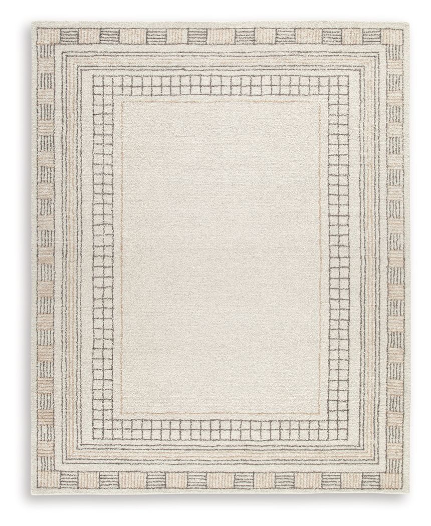 Beige area rug with square medallion and lattice border pattern