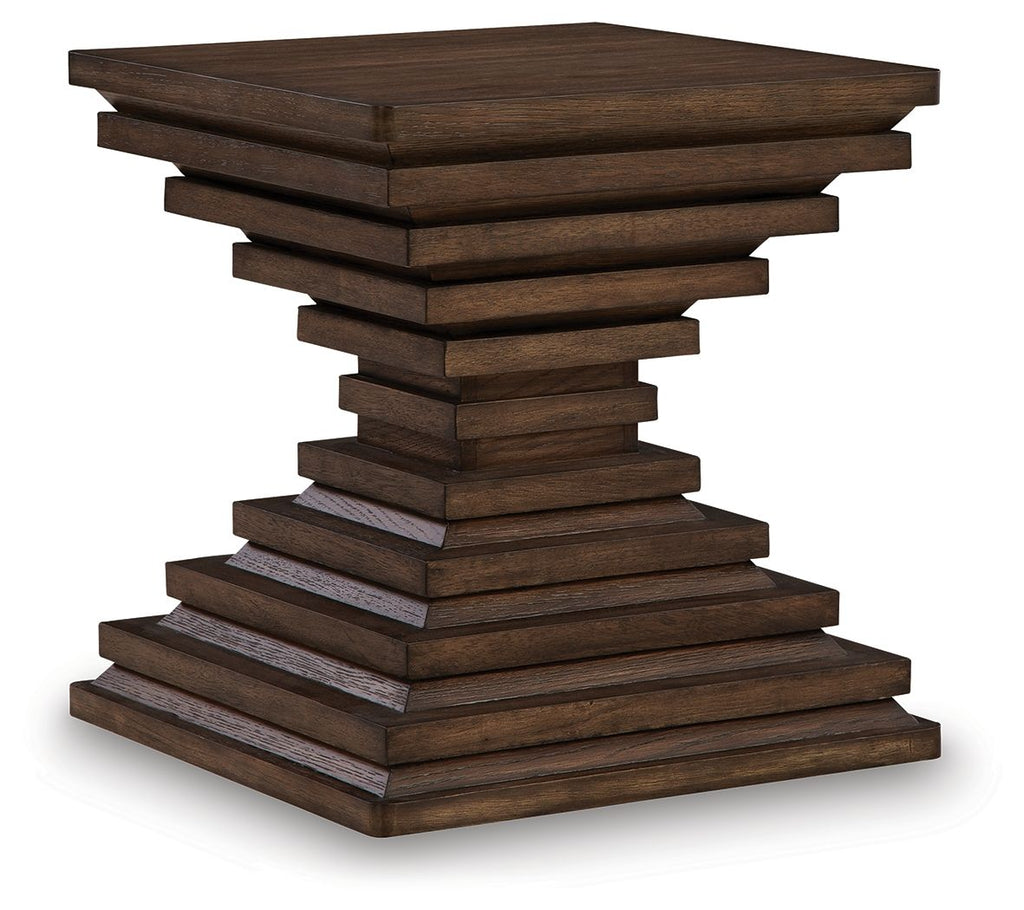 Warm brown square end table with stacked plank pedestal base