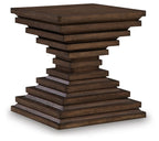 Warm brown square end table with stacked plank pedestal base