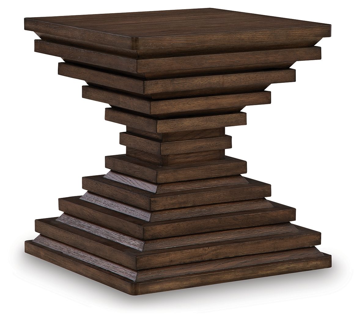Warm brown square end table with stacked plank pedestal base