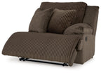 Chocolate-brown fabric zero-wall recliner with padded arm and ribbed backrest