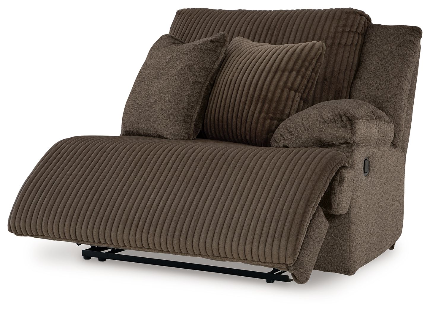 Chocolate-brown fabric zero-wall recliner with padded arm and ribbed backrest