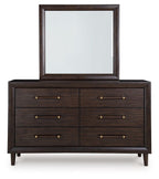 Dark brown dresser with mirror, six drawers and brass bar handles