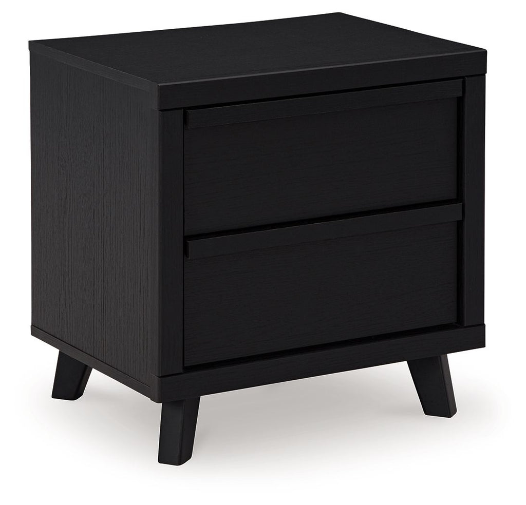 Black two-drawer night stand with flat top and rectangular drawer fronts
