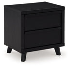 Black two-drawer night stand with flat top and rectangular drawer fronts