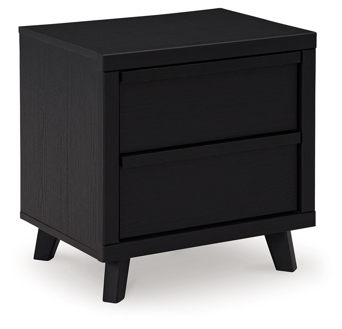 Black two-drawer night stand with flat top and rectangular drawer fronts