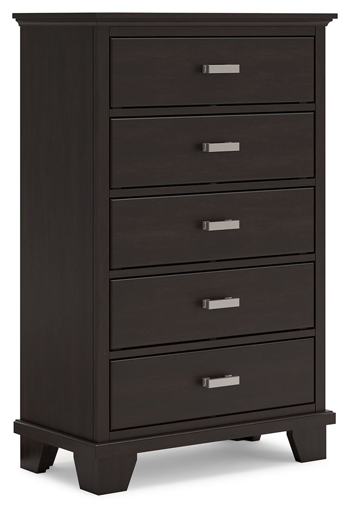 Five-drawer chest in dark brown wood with silver bar handles and tapered legs