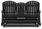 Black outdoor loveseat with vertical slat back, armrests, and bench seat