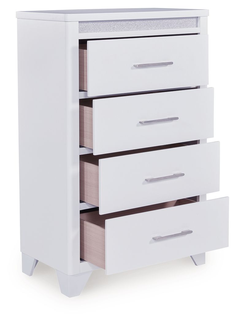 White four-drawer chest with metal bar handles and open drawers showing wood