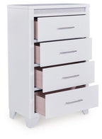 White four-drawer chest with metal bar handles and open drawers showing wood