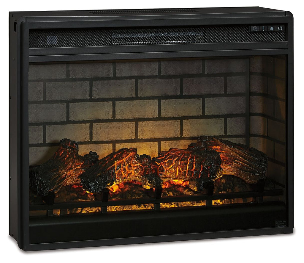 Black infrared fireplace insert front view with glowing logs and ember bed