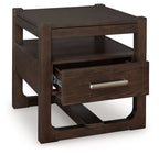 Square dark brown wood end table with drawer, open shelf, and square legs
