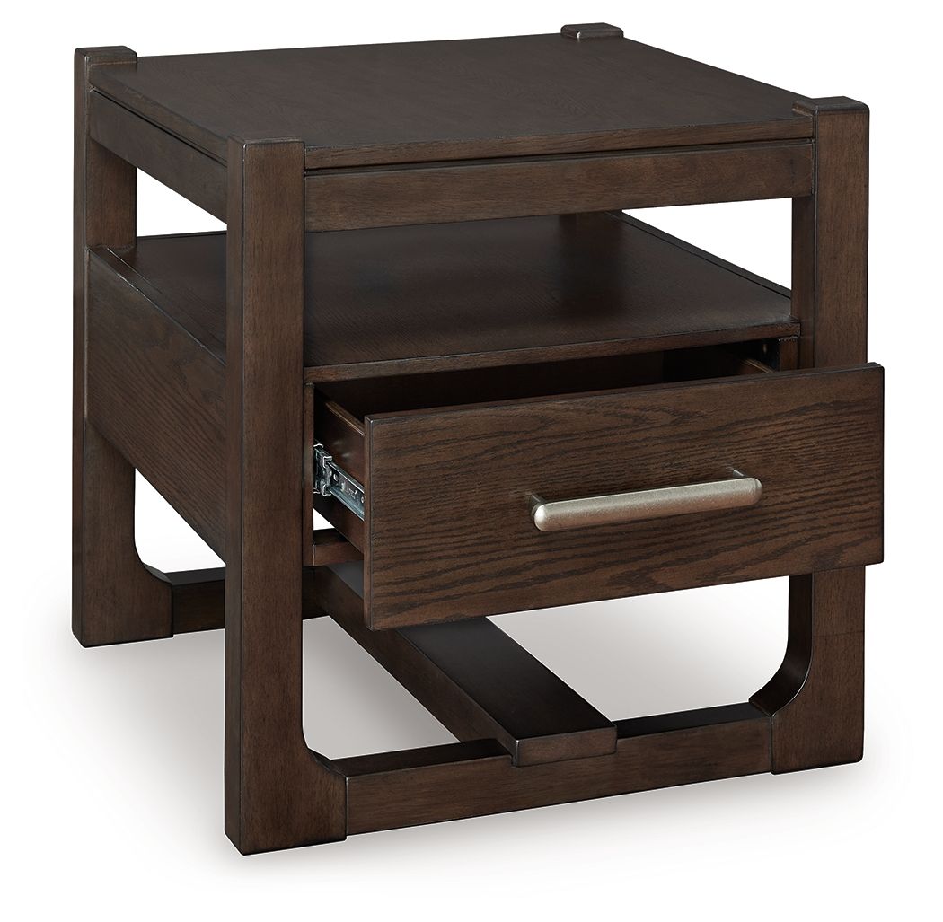 Square dark brown wood end table with drawer, open shelf, and square legs