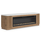 Light brown TV stand with electric fireplace, long black window and vertical wood slats
