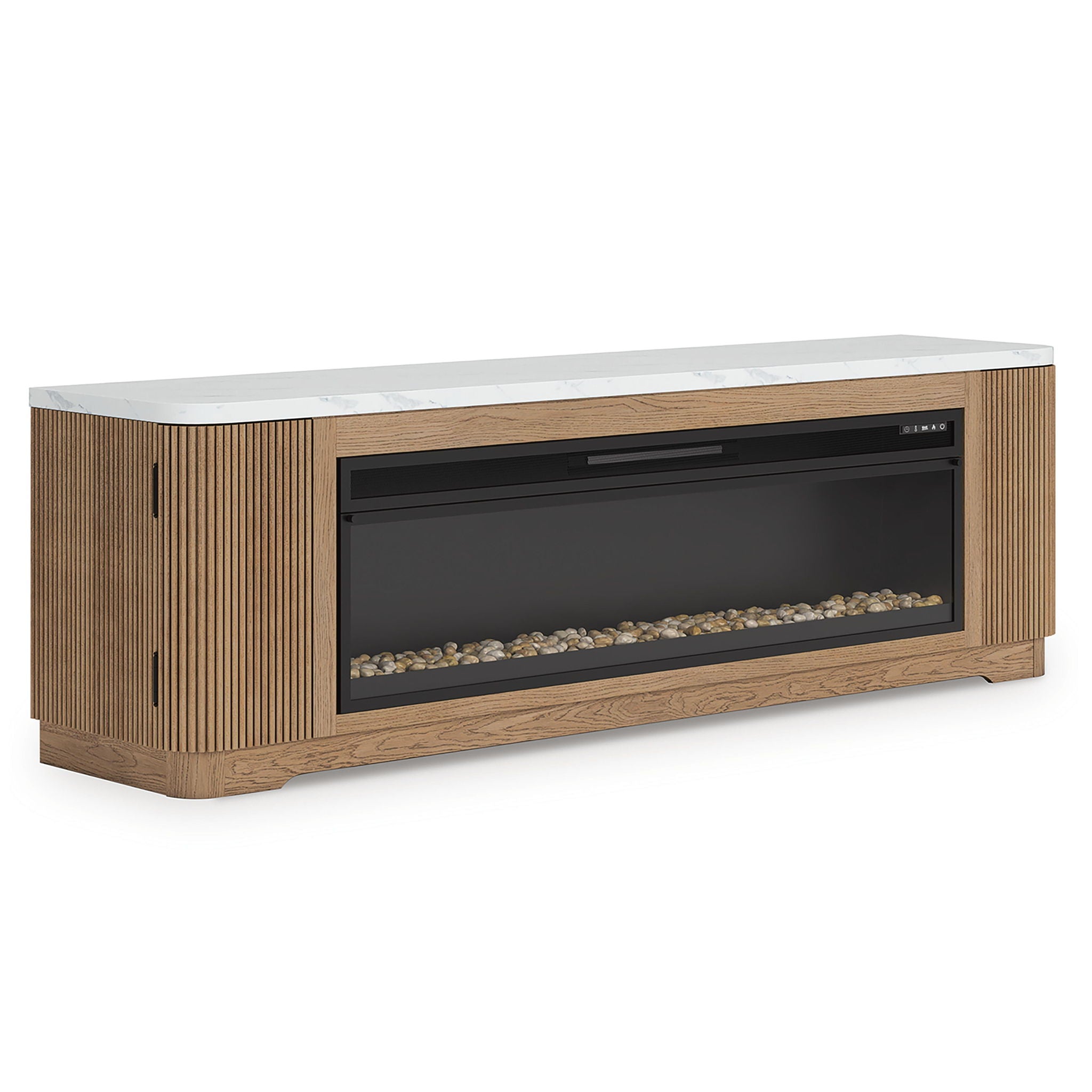 Light brown TV stand with electric fireplace, long black window and vertical wood slats