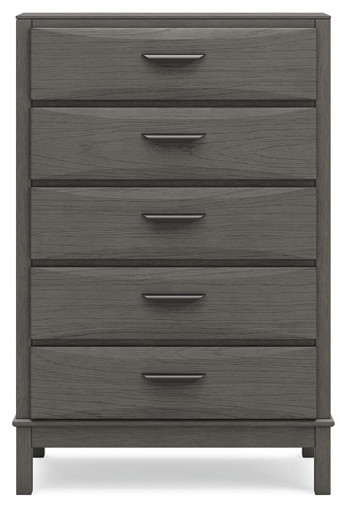 Gray five-drawer chest with five bar pulls and flat top