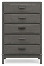 Gray five-drawer chest with five bar pulls and flat top