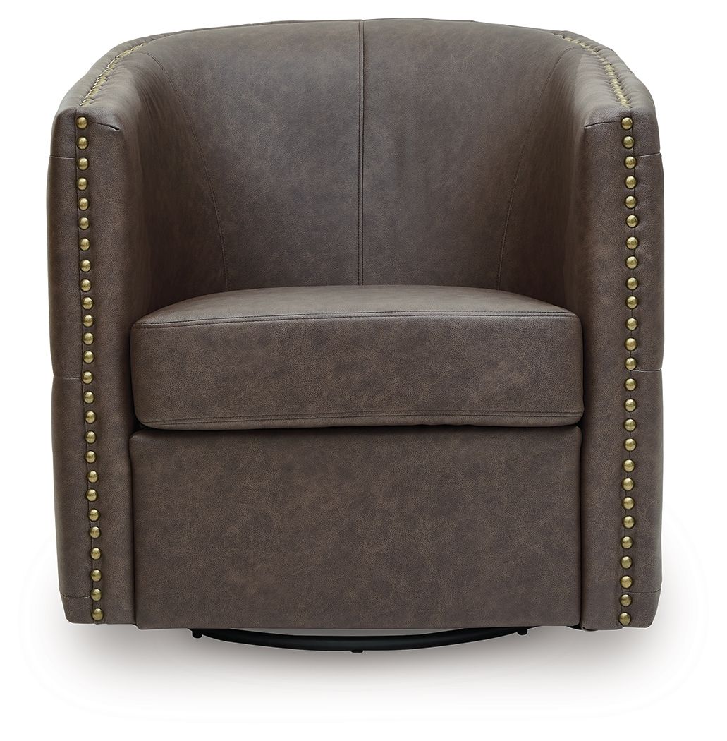 Brown swivel accent chair front view with tufted arms, curved seat, and gold stud trim