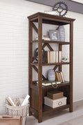 Rustic brown large bookcase with X-legs and open cubby shelves