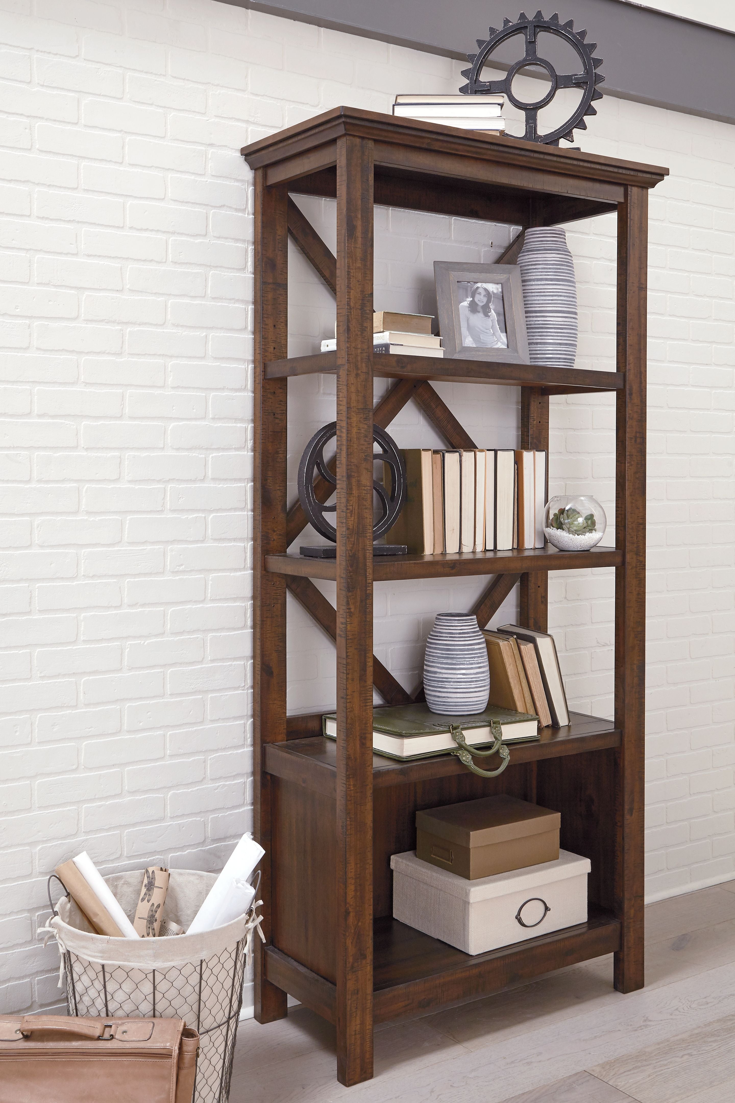 Rustic brown large bookcase with X-legs and open cubby shelves