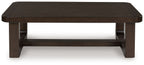 Dark brown rectangular cocktail table with open bottom shelf and straight legs