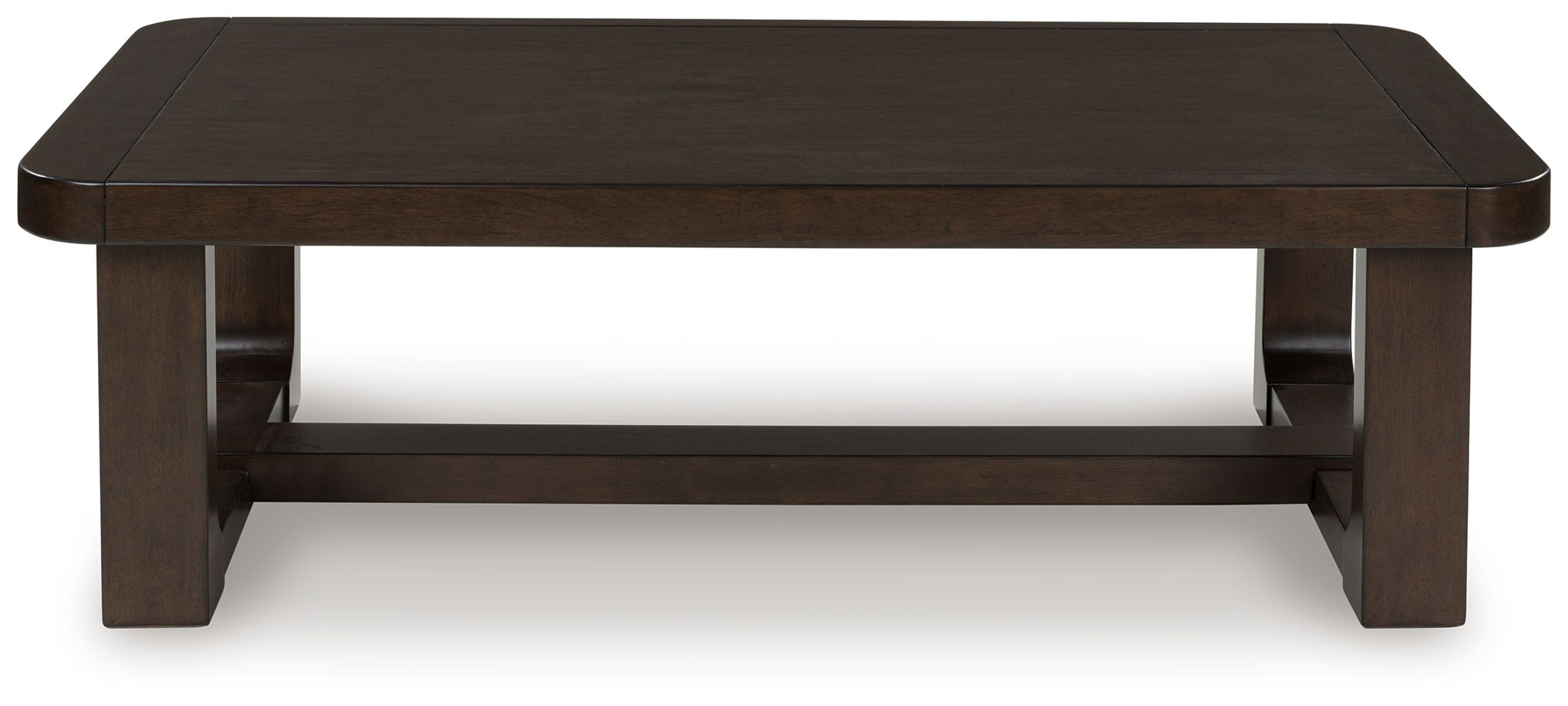 Dark brown rectangular cocktail table with open bottom shelf and straight legs
