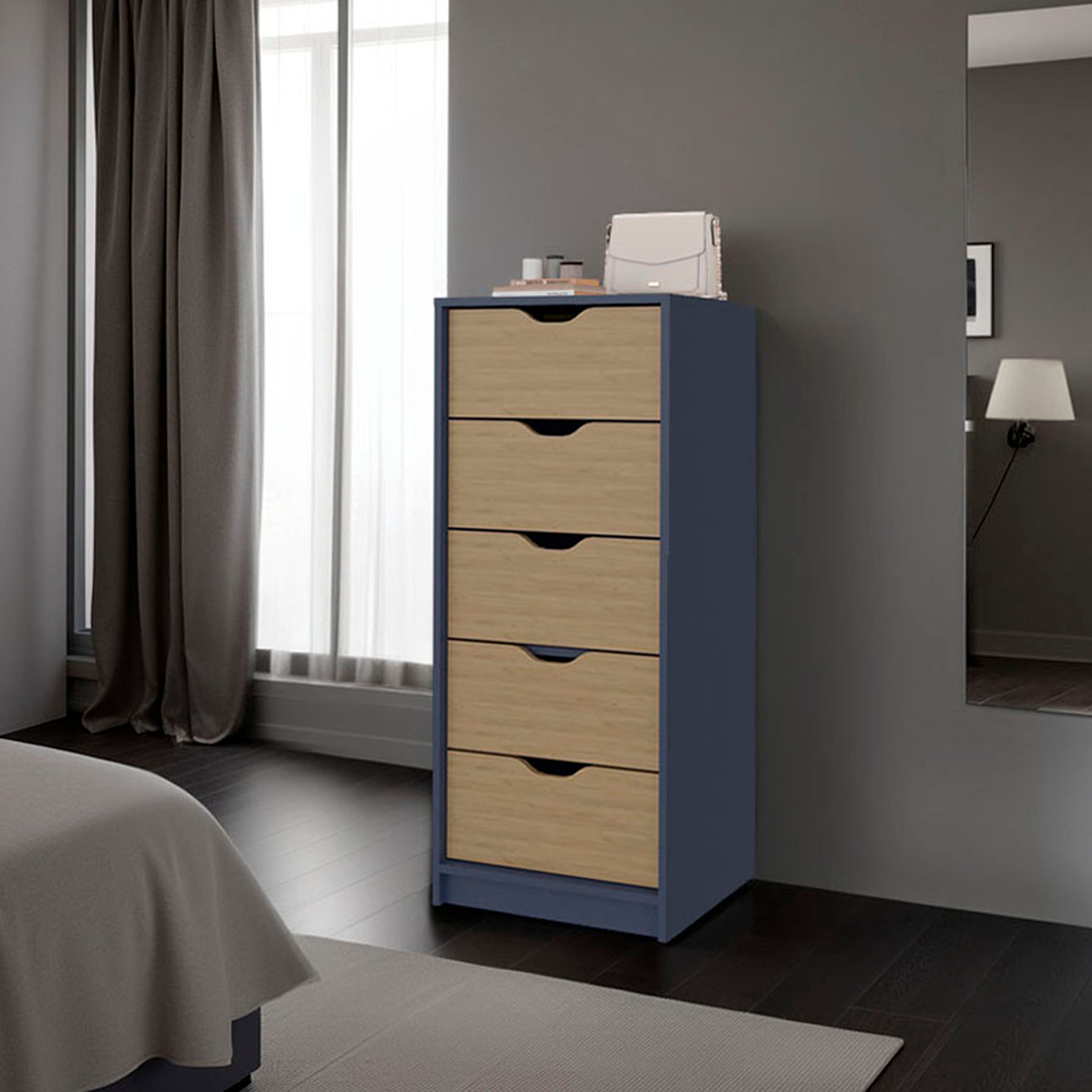 Alby Blue/Natural Oak Bedroom Dresser - 1 Drawer, 5 Shelves