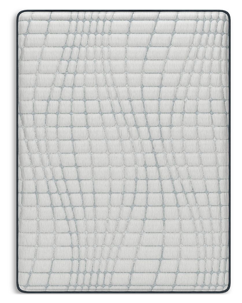 White quilted mattress surface with stitched grid pattern and gray edging