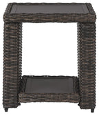 Woven square side table with four legs and open lower shelf