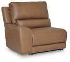 Caramel power wall recliner chair with padded arms and tall back cushion