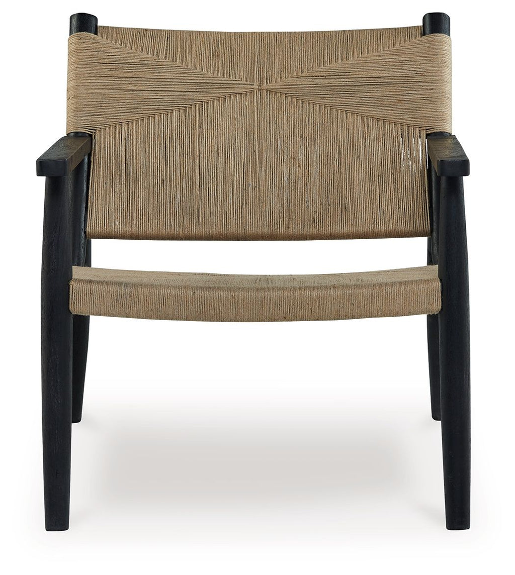 Accent chair front view: natural woven back and seat, black arms and legs
