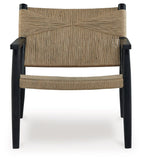 Accent chair front view: natural woven back and seat, black arms and legs