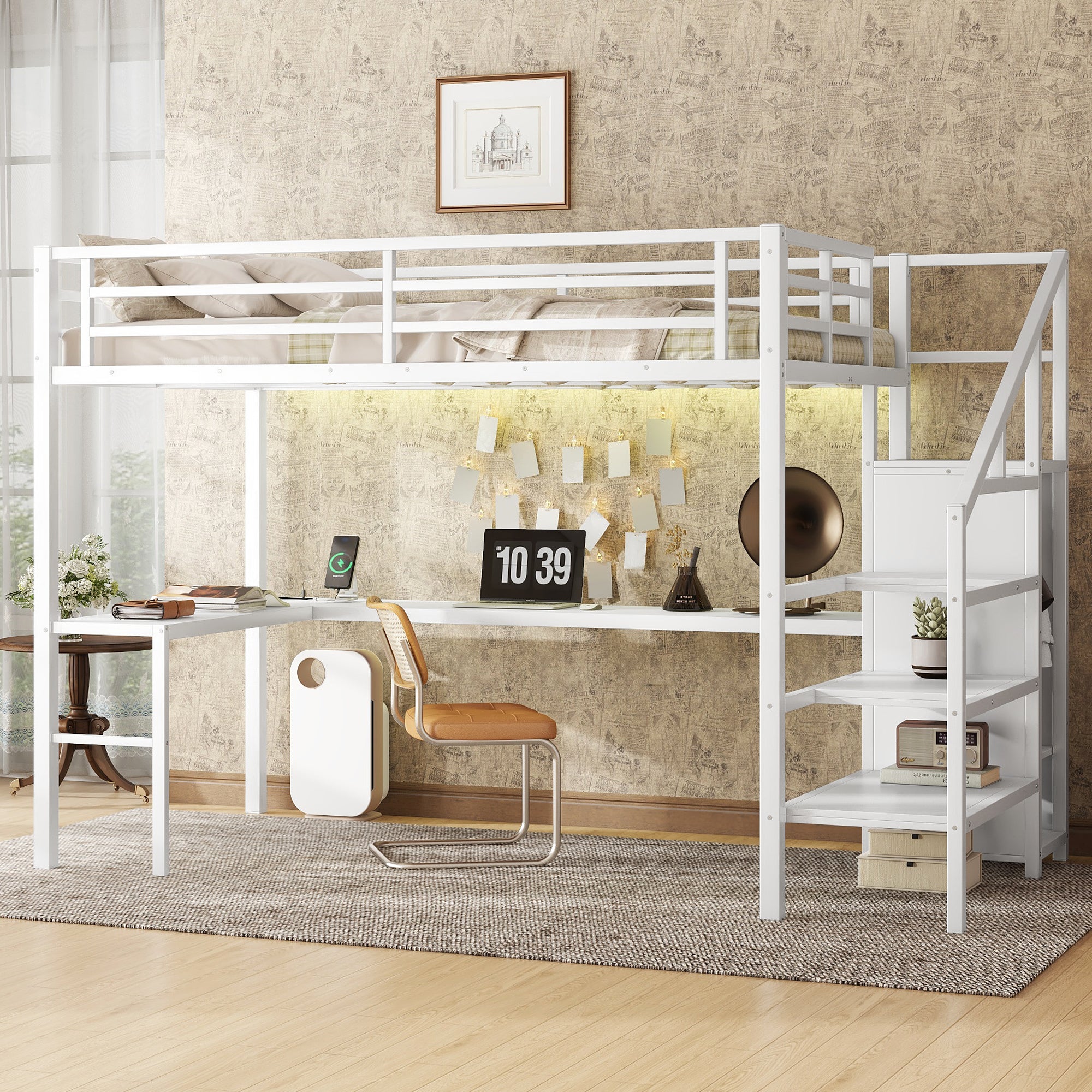 White Full Size Metal Loft Bed w/Desk, Wardrobe, USB, LED