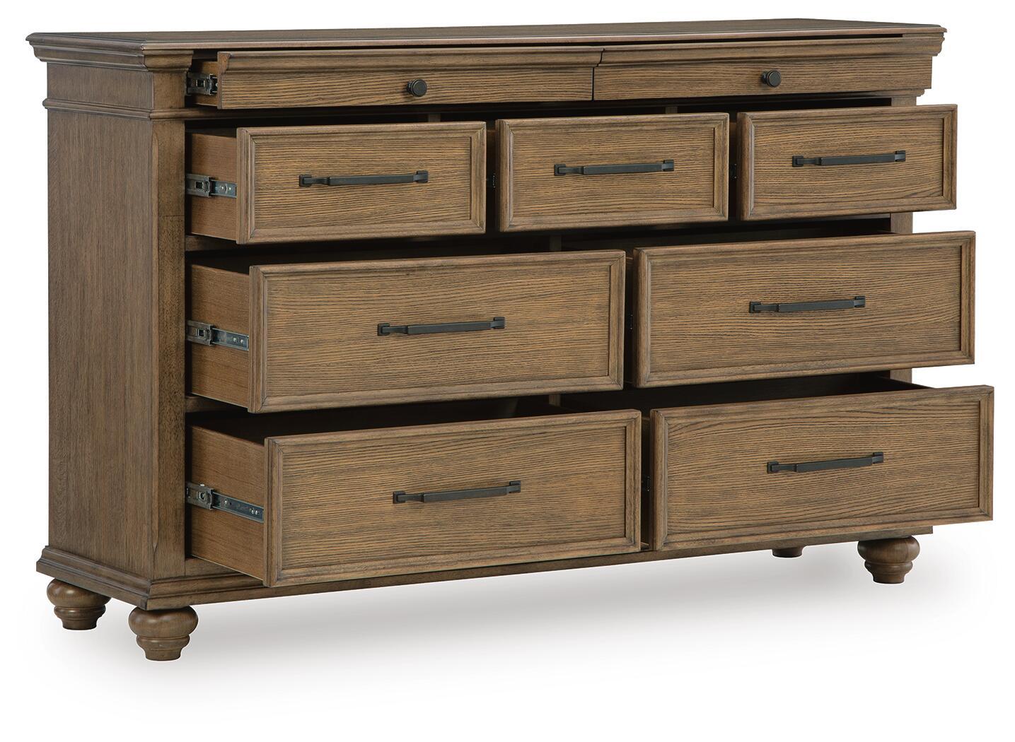Dark brown dresser with top drawers and wide bottom drawers, metal bar pulls, turned feet.
