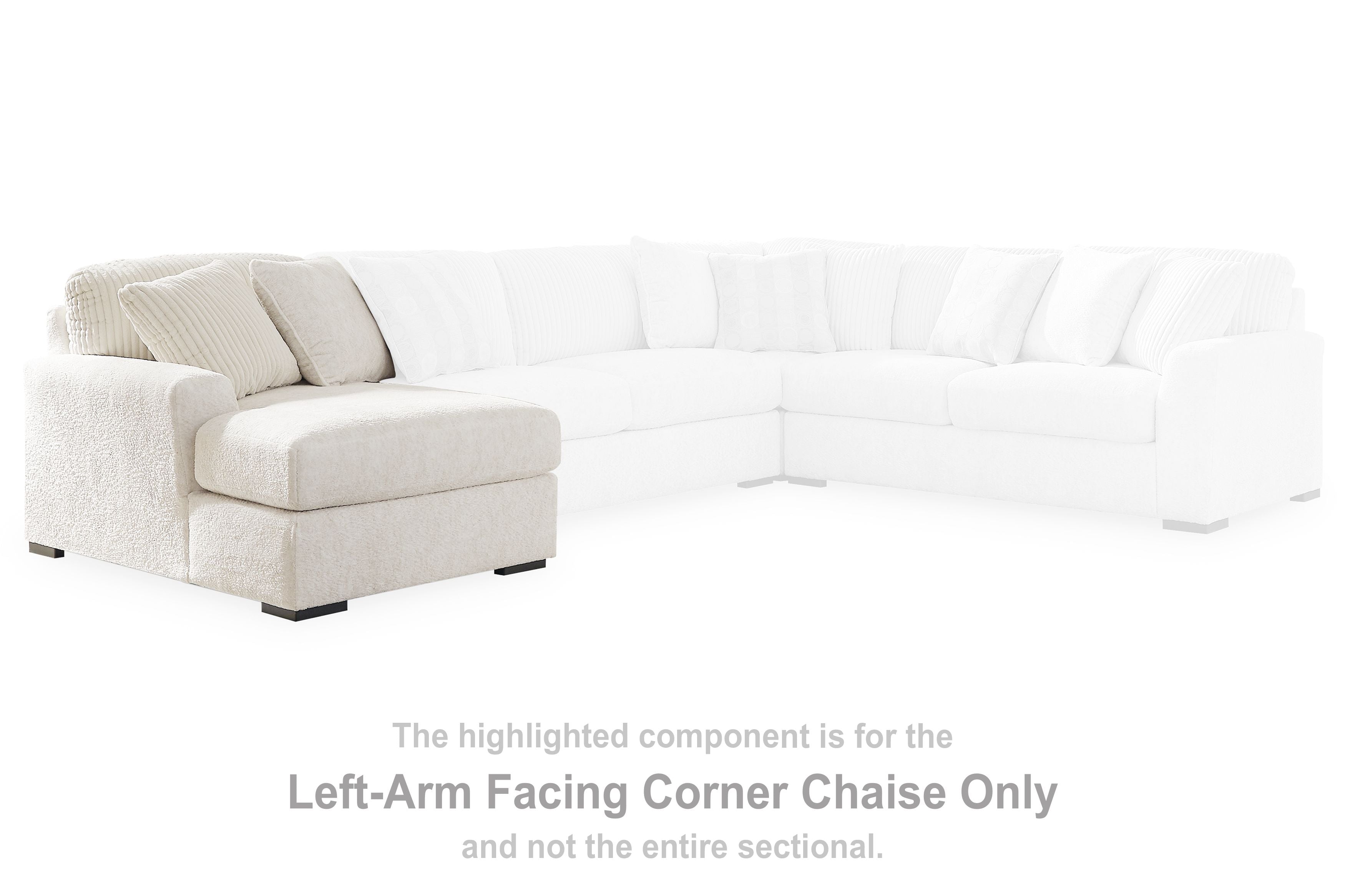 Ivory left-arm facing corner chaise section with tufted cushions and skirt base