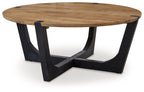 Round cocktail table, brown wood top with black metal X base