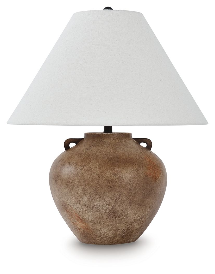 Antique beige poly table lamp with fabric drum shade and rounded base