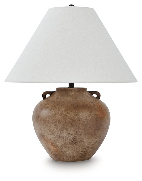 Antique beige poly table lamp with fabric drum shade and rounded base