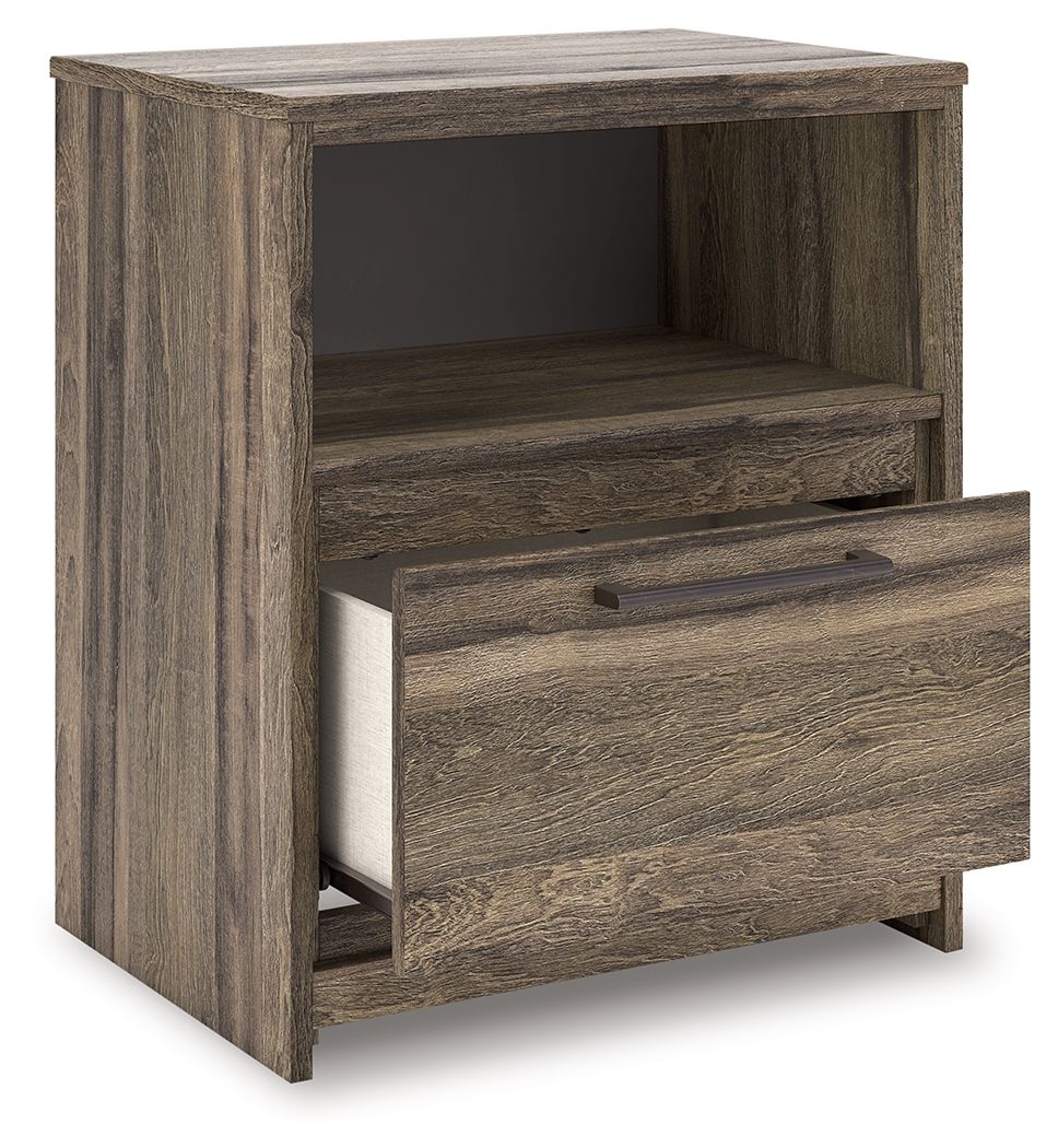 Brown one-drawer night stand with open shelf and drawer pulled partly outward