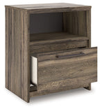 Brown one-drawer night stand with open shelf and drawer pulled partly outward