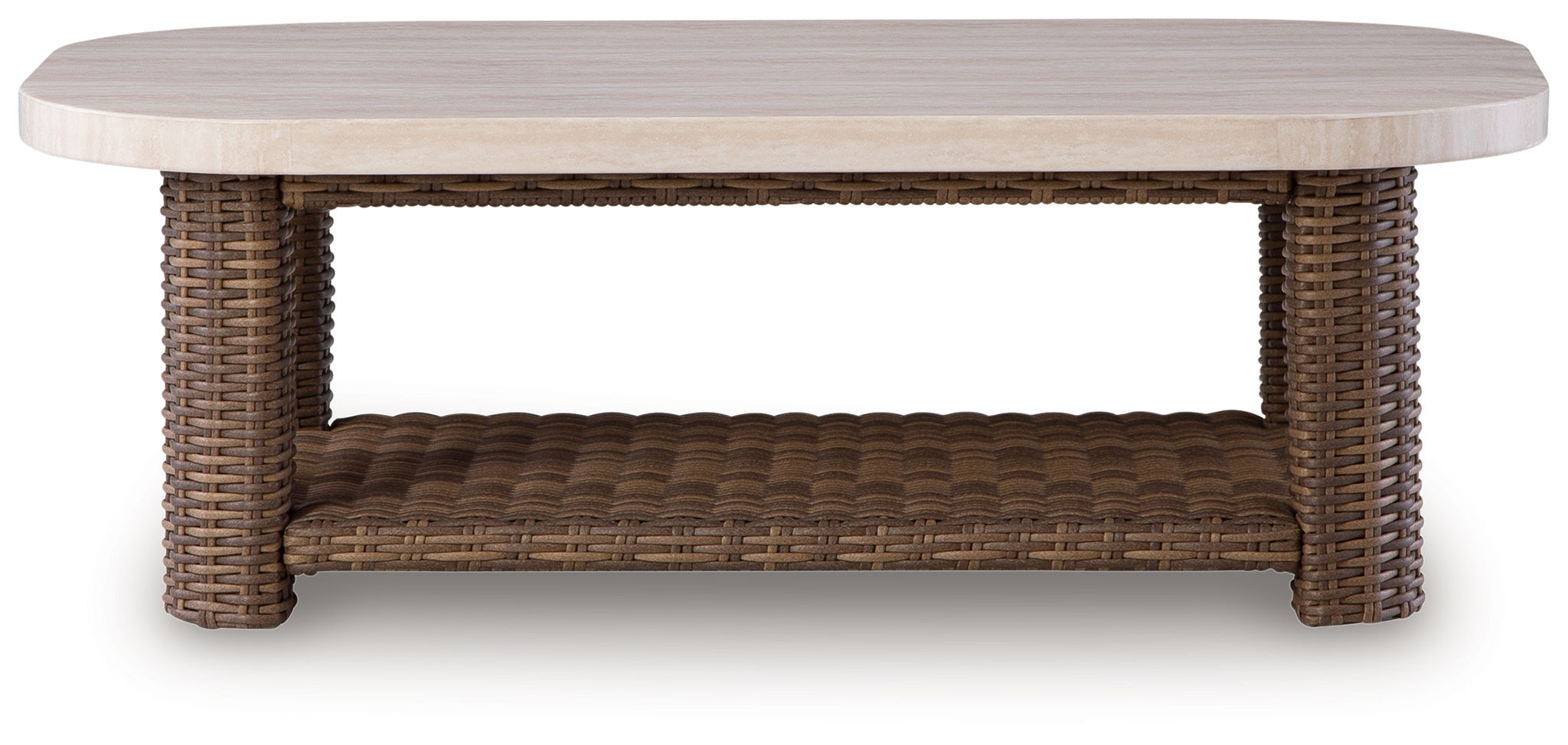 Rectangular cocktail table with light beige round tabletop and woven wicker open shelf