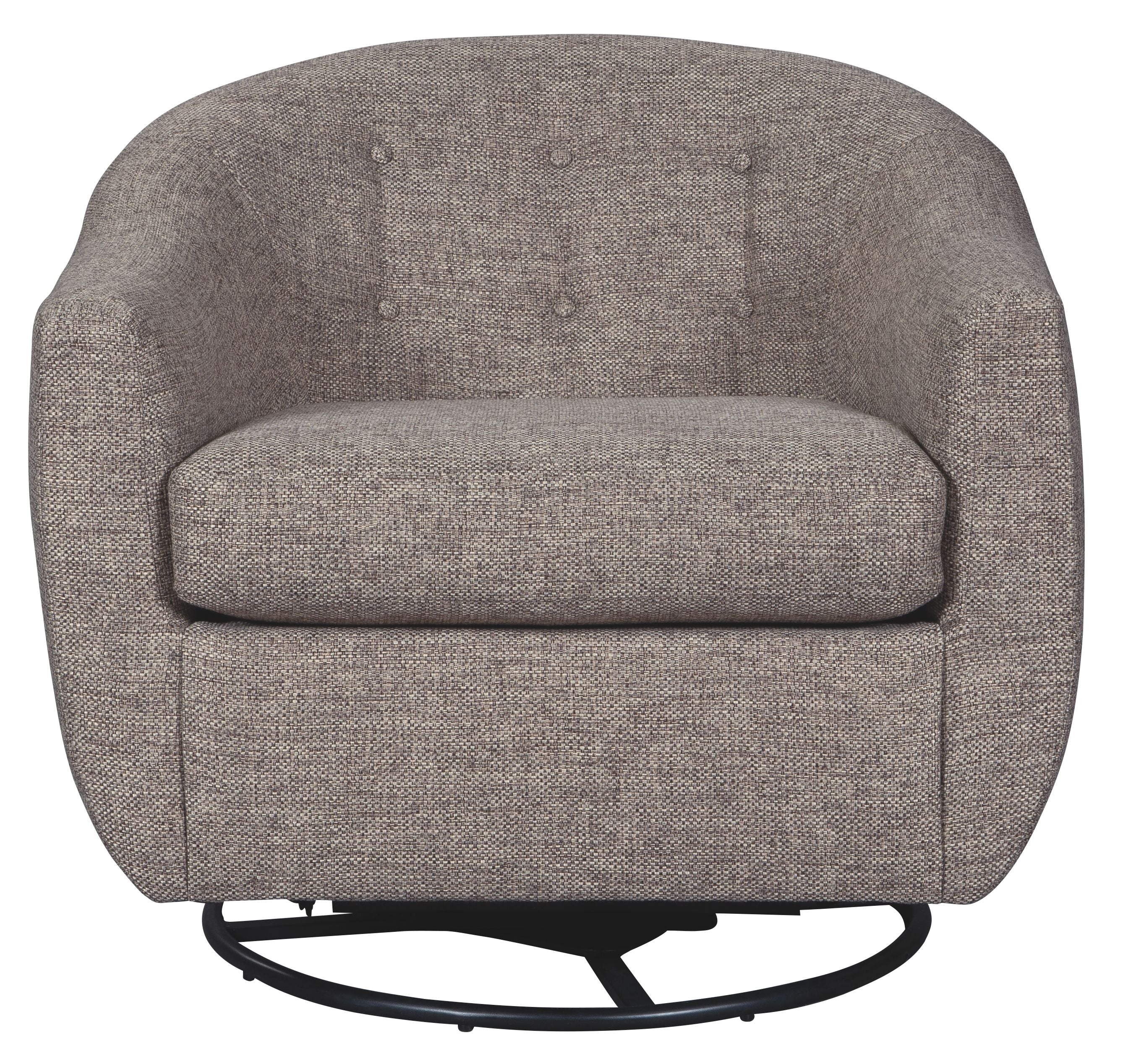 Taupe swivel accent chair with curved arms, rounded back, and black circular base.