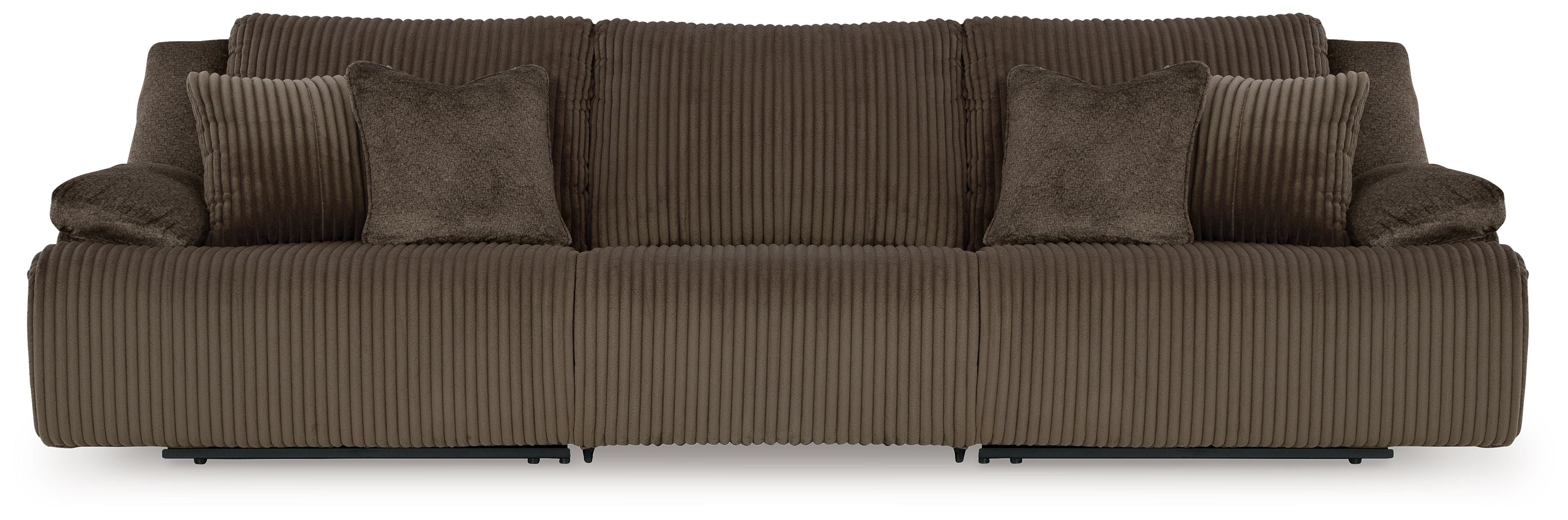 Chocolate brown reclining sectional with ribbed upholstery and plush back pillows
