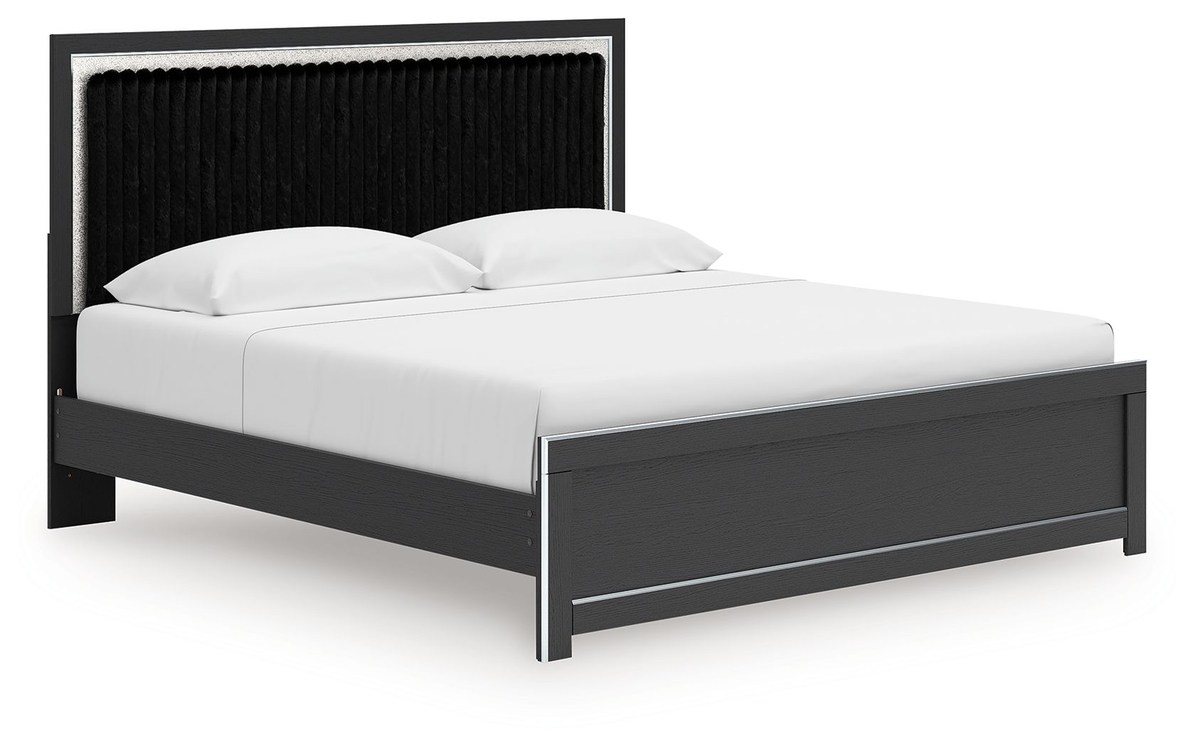 Upholstered panel platform bed with roll slats, black frame with dark upholstered headboard