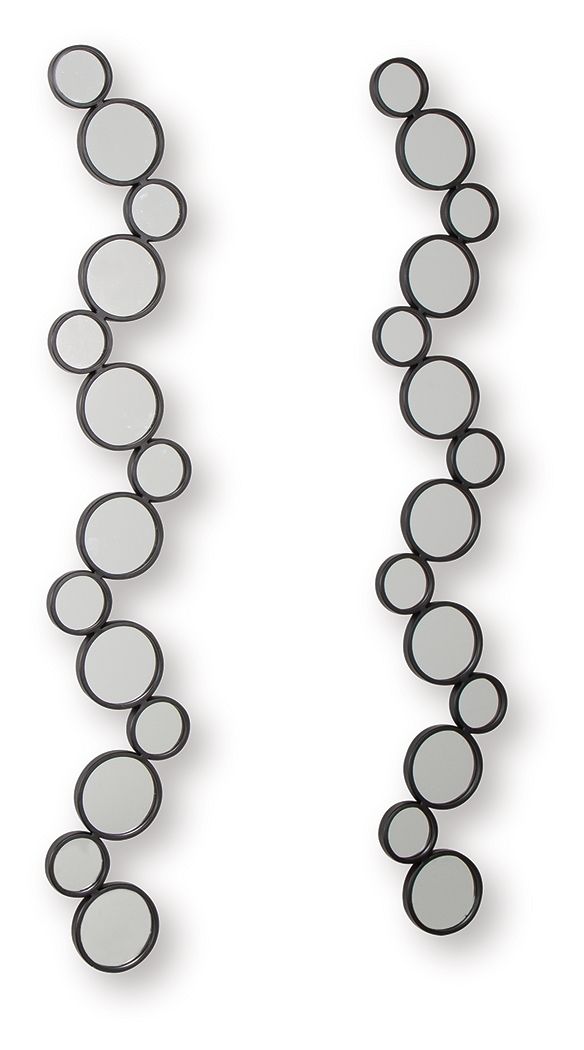 Set of 2 black round accent mirrors, vertical staggered circle cluster