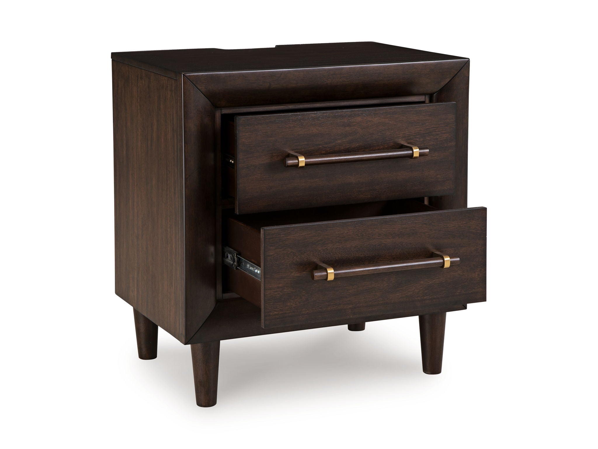 Two-drawer night stand with dark wood sides, two drawers, and brass bar handles